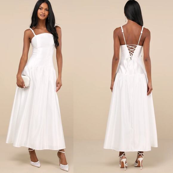 NWT Lulus Modern Adoration White Satin Backless Lace-Up Maxi Dress Bridal Size S - Picture 1 of 10
